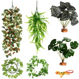 Luinabio 6 Pcs Reptile Plants for Terrarium Decor Reptile Tank Accessories Fake Hanging Plant Vines Artificial Leaves Plants Tank Habitat Decor for Bearded Dragon Lizard Snake Geckos Chameleon