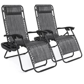 EZONE Zero Gravity Lounge Chairs Outdoor Adjustable Reclining Patio Chair Steel Mesh Folding Recliner for Pool Beach Camping Lounge Chair with Pillows and Cup Tray (2, Grey)