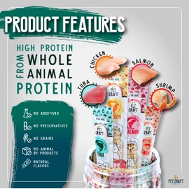 Pet Craft Supply Lickable Cat Treats Variety Pack (Salmon, Shrimp, Tuna, Chicken) 50ct Tub, Squeezable Tubes High Protein Cat Puree Wet Food or Food Topper