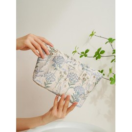 Floral Embroidering Makeup Bag, Large Capacity Cosmetic Storage Bag, Portable Travel Toiletry Bag,  for Women & Girls:_Blue_one-size