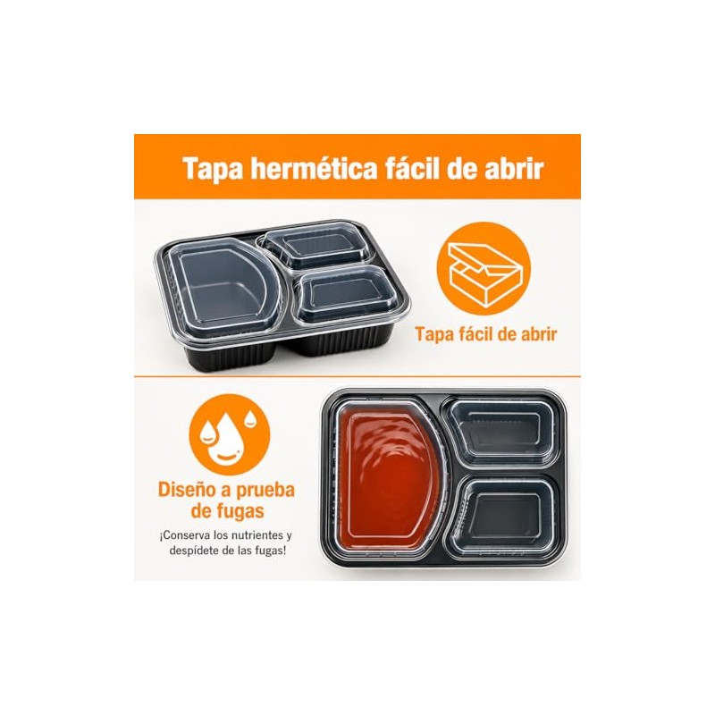 20 Contenedores para Alimentos de 40 oz, 3 Compartimentos y