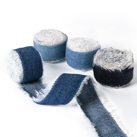 LEEQE 4 Colors Denim Ribbon 1 Inch Total 8 Yards Frayed Denim Ribbons for Gift Wrapping Flower Bouquets Hair Invitation Sewing Decor,4 Rolls