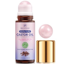 Bealions Castor Oil Roll On for Face: Organic Castor Oil Rose Quartz Roller Ball for Fine Lines, Wrinkles & Puffiness, Thicker Lashes & Brows - Birthday Gifts for Women 35+