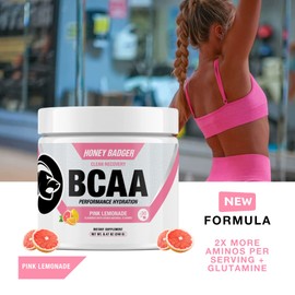 Honey Badger BCAA + EAA Amino Acids Powder, BCAAs + L-Glutamine, Keto, Vegan, Sugar Free for Men & Women, Hydration & Post Workout Muscle Recovery Drink Mix, Pink Lemonade, 30 Servings