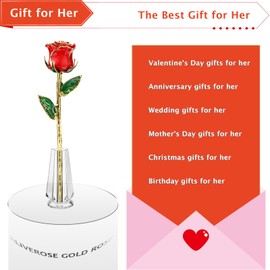 AliveRose Valentines Day Gifts for her, 24K Gold Rose Made from Real Rose - Unique Design 24K Dipped Roses for Anniversary Valentines Mothers Day Birthday Gifts (Red Original with Crystal Vase)