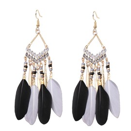 Long Boho Feather Earrings for Women Gold Plated Bohemian Enamel Feathers Dangling Drop Earring Turquoise Beaded Tassel Fish Hook Dangle Stud Vintage Jhumka Jhumki Native American Jewelry (Black White Feathers)