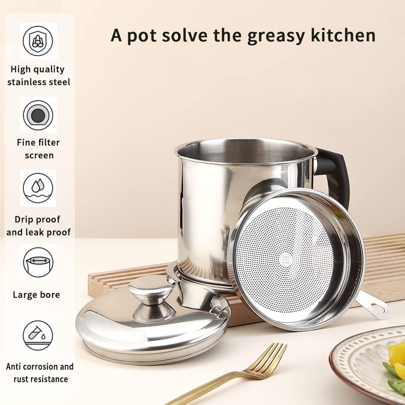 Kyraton Bacon Grease Container With Strainer, 48 oz Stainless Steel