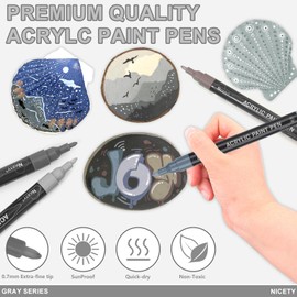 NICETY 30 x Acrylic Pens for Stones, Waterproof, Multimarker, Acrylic Marker, Glass Paint Pens for Stone, Fabric, Wood, Canvas, Glass, Ceramic, 0.7 mm Acrylic Paint Markers (Grey)