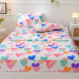 WINLIFE Kids Hearts Full Sheet Set for Girls Teen 4 Piece Rainbow Heart Printed Sheets Pink Purple Blue Soft Microfiber Wrinkle Resistant Girls Bed Sheets