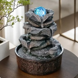 [Four-Layer Rock Fountain]9.84 Feet Tall Rock Tabletop Indoor Fountain with LED Light Balls | Tabletop Waterfall FountainColor: Gray, Size: M