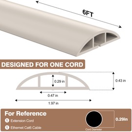 CrocSee 6ft Self-Adhesive Floor Cord Cover for Wires, Low Profile Cord Hider Cable Management, Trimmable PVC Cord Protector - Cord Cavity = 0.47" (W) x 0.29" (H) - Beige