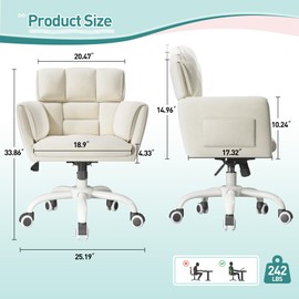 DurayLoly Home Office Chair with Wheels Soft-Touch Material,Modern Cute Vanity Chair with Back Adjustable Height Upholstered Comfy Desk Chairs with Side Pockets for Bedroom,Pale Yellow