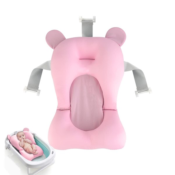 Tapis de bain pour bébé - Avec coussin de bain ergonomique pour baignoire bébé - Peu encombrant - Portable et antidérapant - Pour nouveau-né, bébé à partir de 0 mois (rose)