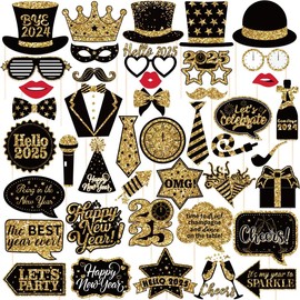 New Years Photo Booth Props,42Pcs Black and Gold New Year Decorations Nye Photo Booth Props, Happy New Year Photo Props 2025 Photo Booth Props for Happy New Year Decorations 2025
