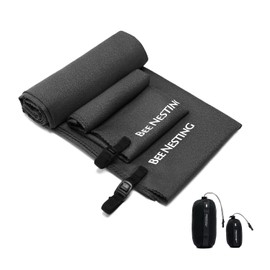 BeeNesting Ultra Lightweight, Quick Dry Towel, Soft Towel, Set of 2, Super Absorbent, Antibacterial, Odor Resistant, Sports Towel, Foldable, Compact, Travel Towel with Storage Bag, For Swimming, Outdoors, Climbing, Microfiber Towel Set (S+XL, Black)
