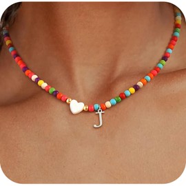 LIHELEI Letter Chains for Women, Colorful Pearl Pendant Letter Necklace Silver Plated Boho Pendant with Heart Shaped Shell Easter Gift - A, Stainless Steel