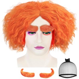 ANOGOL Wig Cap+ A Pair of Eyebrow Mad Wig for Men Orange Wigs Short Curly Cosplay Wigs with Middle Part Synthetic Hair for Anime Costume for Halloween Party Funny Hair for Adult