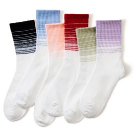 WEVIAS Crew Socks Womens White Thin Cotton Long Socks Lightweight Casual Calf Socks 6 Pairs (6 Pairs Stripe)