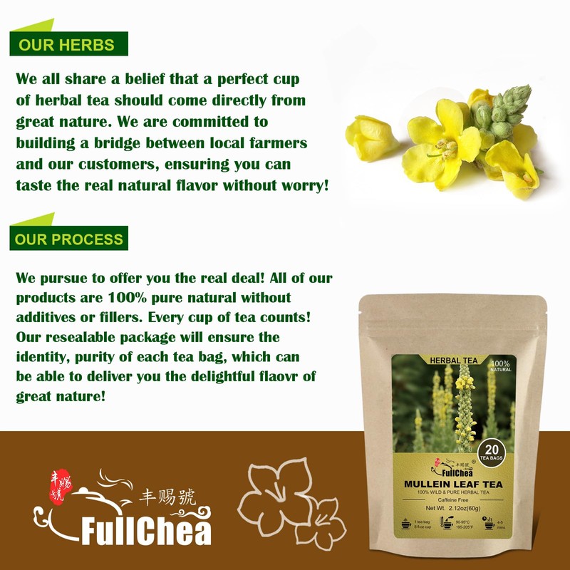 FullChea - Mullein Leaf Tea Bags, 20 Teabags, 3g/bag For