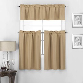 Interior Trends Twilight 3 Piece 100% Blackout Insulated Rod Pocket Kitchen Window Curtain Panel Tiers and Valance Set (36" Tiers Set, Gold)
