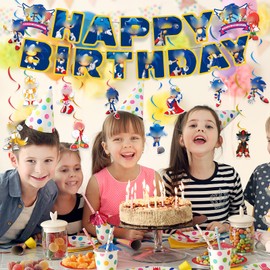 Suonic Birthday Decorations Banner- 14Pcs ‌Party Decorations Soni Birthday Banner Bunting Garland and Hanging Swirls Decorations Party Pack for Soni Theme Kids Birthday Party Supplies Decorations