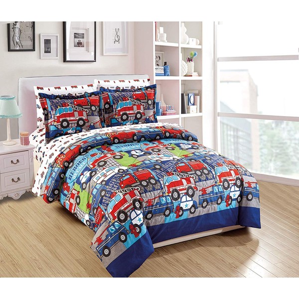 Elegant Home Multicolor Heroes First Responders Police Cars Fire Trucks Ambulances Design 7 Piece Comforter Bedding Set for Boys/Kids Bed in a Bag with Sheet Set # Heroes 2 (Full Size)