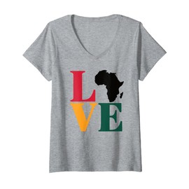Womens Black History Month LOVE Design Tee African Continent Symbol V-Neck T-Shirt