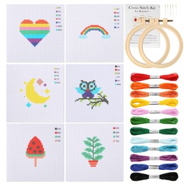Pllieay Cross Stitch Beginner Kit for Kids 7-13, Includes 6 Project Patterned and 2pcs Embroidery Hoops, 12 Skeins, Needle Point Starter Kit Sewing Set with Instructions
