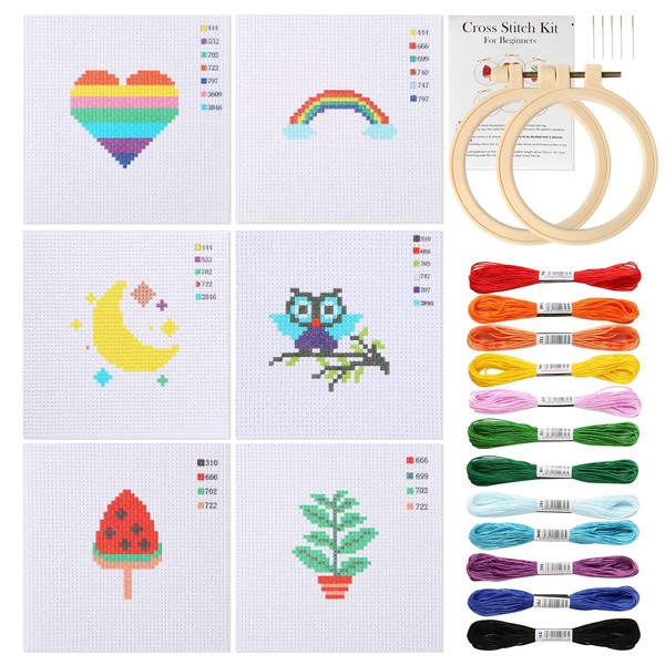 Pllieay Cross Stitch Beginner Kit for Kids 7-13, Includes 6 Project Patterned and 2pcs Embroidery Hoops, 12 Skeins, Needle Point Starter Kit Sewing Set with Instructions