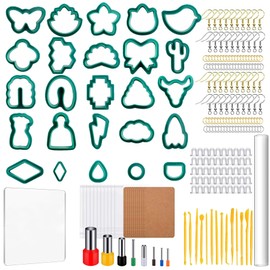 Allazone 219 PCS Polymer Clay Cutters Set, Clay Earring Cutters Plastic Clay Cutters with Acrylic Clay Roller, Earring Cards Earring Hook for Polymer Clay Jewelry Making, Green