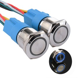 JIQI 2Pcs 19mm 0.75'' Latching Push Button Switch 12V-24V Waterproof LED On Off Metal Self-Locking Switch 1 NO 1 NC for 3/4'' Mounting Hole with Wire Socket Plug(Blue)
