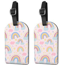 Deokke 2 Pack Luggage Tag Suitcase Tags PU Leather Identifiers Privacy Cover Luggage Tags Aesthetic Cute Travel Bag Labels for Women Girls Men (X3-Rainbow)
