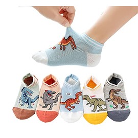CHUNG Boys Cotton Ankle Socks 5/10 Pack Low Cut Dinosaur Mesh 2-9Y Light Weight Back School Running Sports Casual (2-4 Years, 5Dino 022)