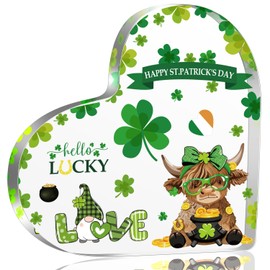 YAANUNULU Happy St Patricks Day Decor Gifts for Table Office Desk Shelf, Funny Highland Cow & Shamrocks Pattern Acrylic Heart Decorations for Home Party