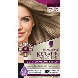 Schwarzkopf Keratin Blonde Hair Dye, 7.0 Dark Ash Blonde, Professional Quality Permanent Hair Color, Bond Enforcing System, Pre-Color Serum & Purple Conditioner Included