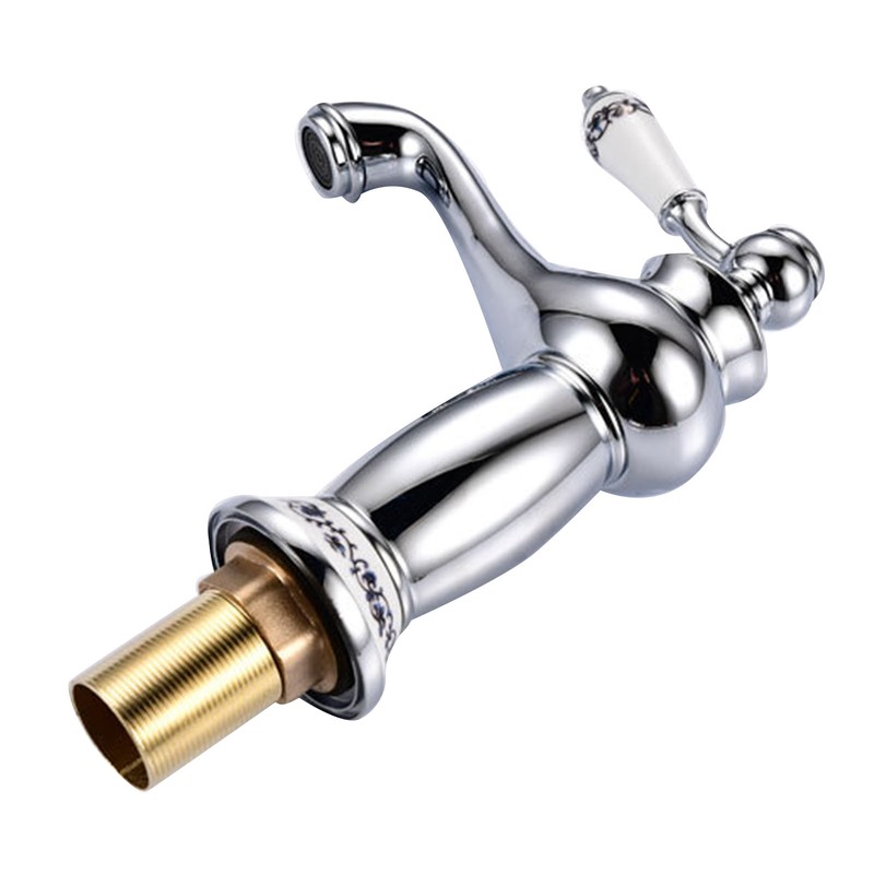 Ceramic Antique Brass Faucet Single Handle Blue White Porcelain Long