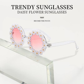 Dollger Retro Flower Glasses for Women Girls Round Daisy Sunglasses Fashion Glasses for Party Disco Festival (Daisy), pink