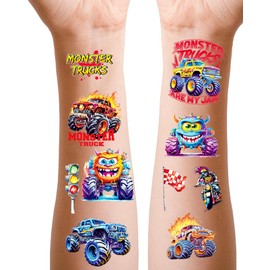 Children's Tattoos, 12 Sheets, Monster Truck, Children's Tattoos, Boys, Skin-Friendly, Temporary Tattoos as Party Bags, Children's Birthday Party Favours, Party Decoration