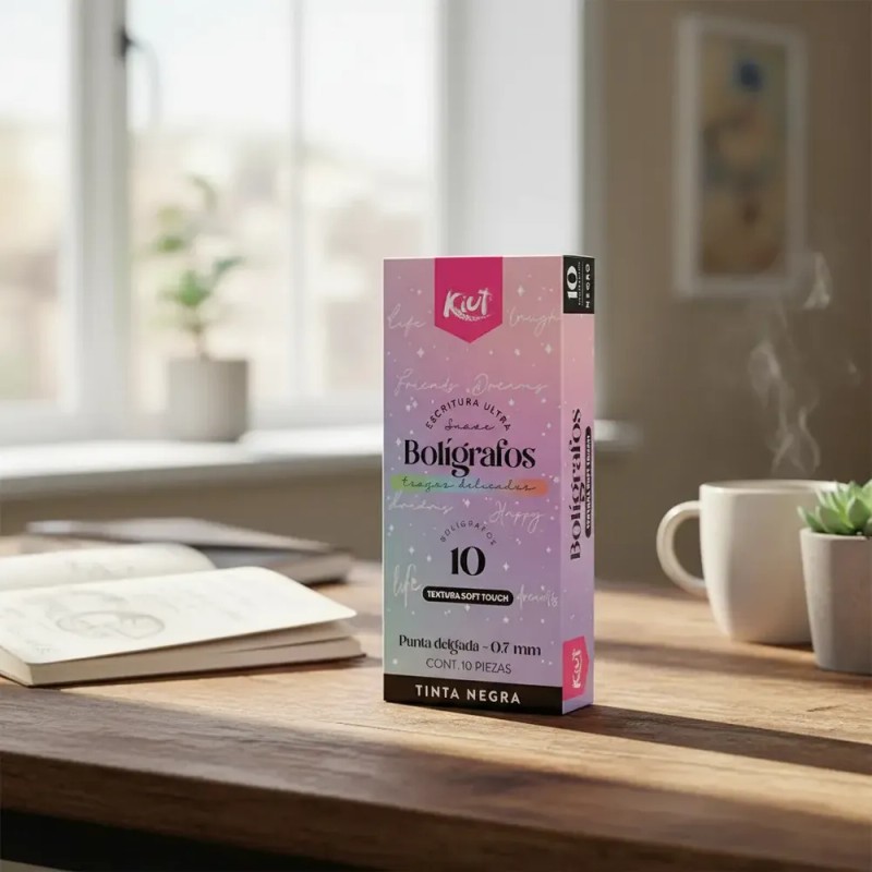 Bolígrafos Kiut Soft Touch Negros, Pack de 10, Trazo Medio