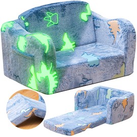 Lamerge 2-in-1 Toddler Couch,Glow in The Dark Baby Floor Bed,Foldable Toddler Chair Kids Sofa for playroom,Convertible Sofa to Lounger for Girls and Boys (Blue and Dinosaur)