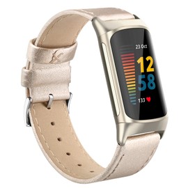 Tuocal Genuine Leather Bracelet Compatible with Charge 5 Bracelet for Men and Women, Soft Breathable Genuine Leather Replacement Wristband Sports Bracelet for Charge 5 Activity Tracker, Champagne