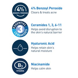 CeraVe Acne Foaming Cream Cleanser, 4% Benzoyl Peroxide Face Wash With Hyaluronic Acid, Niacinamide & Ceramides, Gentle Daily Acne Treatment For Face