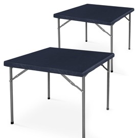 2 Packs Vinyl Card Tablecloth with Flannel Backing 34x34 inch - Waterproof Plastic Table Cover for Square Folding Table Cloth with Elastic Edges, Navy Blue