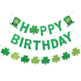 St. Patrick's Day Birthday Party Decorations- Green Glitter Happy Birthday Banner and Shamrock Garland, Shamrock Decorations,St. Patrick’s Day Birthday Banner,Lucky One 1st Birthday Party Decorations