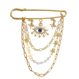 Wendalern Crystal Eye Brooch Pin Multilayer Hanging Chain Lapel Pin Elegance CZ Evil Eye Star Charm Brooch Lucky Devil Eye Tassel Pin Wedding Bouquet Badge Jewellery For Women