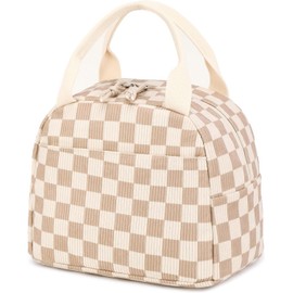 Lunch Bags for Women, Cute Stawberry Corduroy Lunch Bag, Insulated Lunch Box Boite a Lunch Femme Cooler Tote Bags, Leakproof Womens Lunch Bag for Work School Travel Picnic (Beige-Plaid)