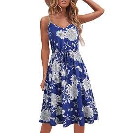 HELYO Women's Casual Summer Dress Beach Every Day Sleeveless Spaghetti Strap Adjustable Waist A Line Dress with Pockets 826 (M, Blue Floral)