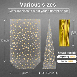 Voikinfo Bottom Gusset Bags 50Pcs 8X12 Gold Star Clear Cellophane Bags Plastic Gift Bags Cello Bags Treat Bags Bulk Party Favor Goodie Cookie with Gold Twist Tie