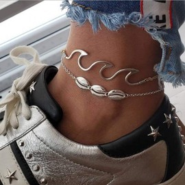 Anglacesmade Bohemia Shell Wave Anklet Set Conch Leather Foot Chain 2 Pcs Boho Beach Ankle Bracelet for Women