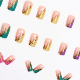 Pink Press on Nails Short, Bling Sequin Medium Square Fake Nails -False Nails Tips Glossy Natural Full Cover Stick on Nails, Reusable Glue on Acrylic Nails for Women Manicure DIY Decoration